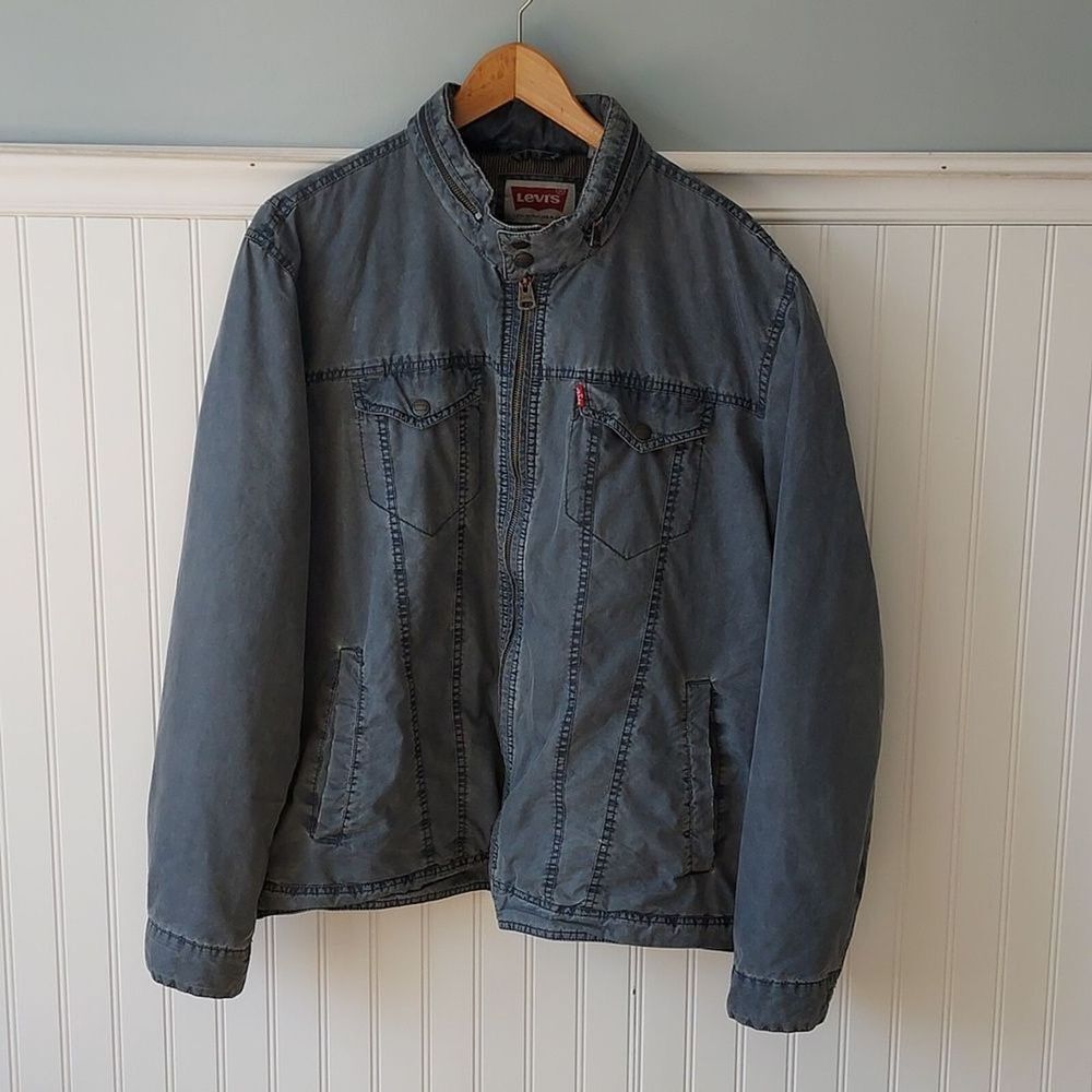 Levis Mens XXL Faded Blue Cotton Military Field Jacket Zip Up Mock Neck Hooded